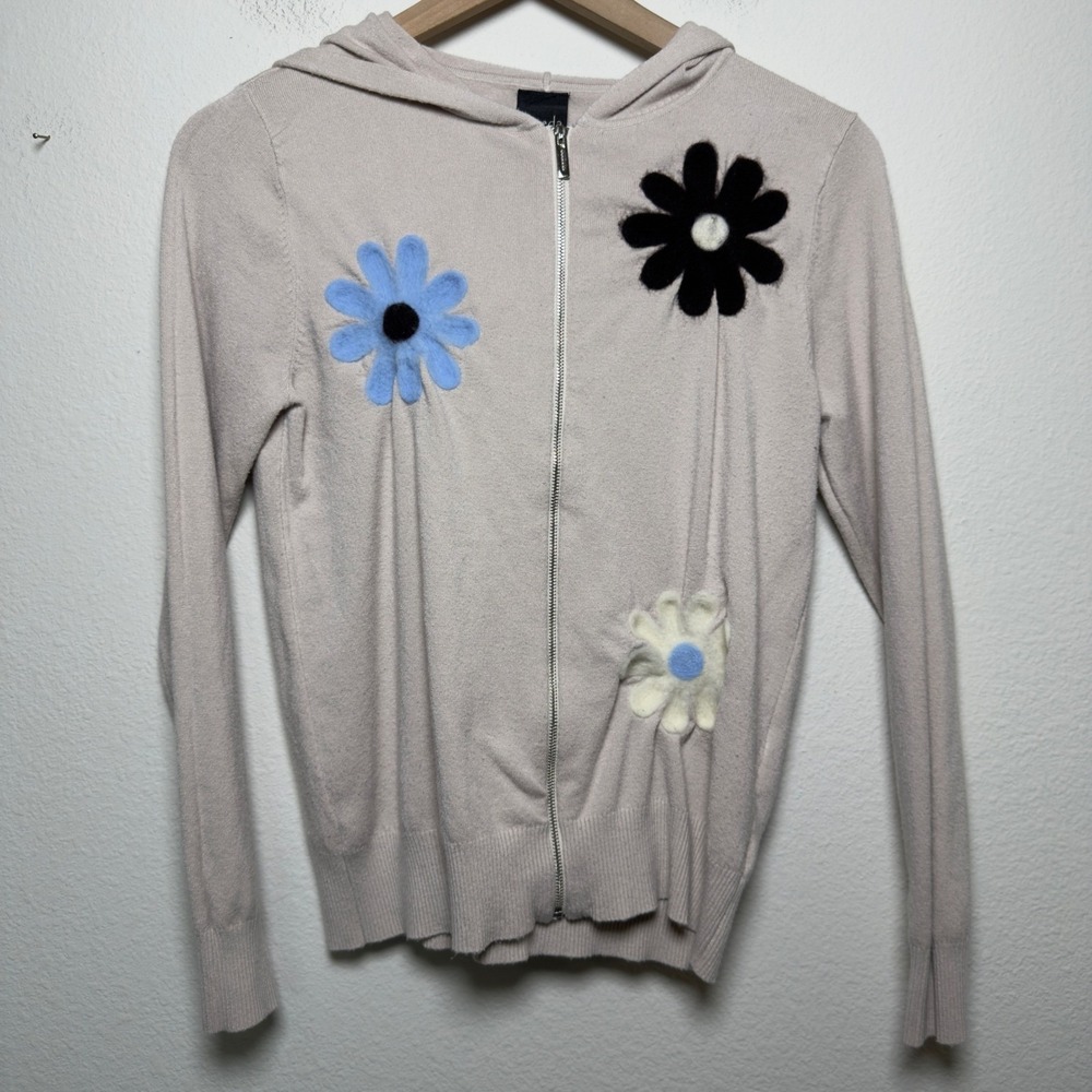 Aaeda‎ Anthropologie Women Hoodie Sweater Flower Applique Zip Up Hooded